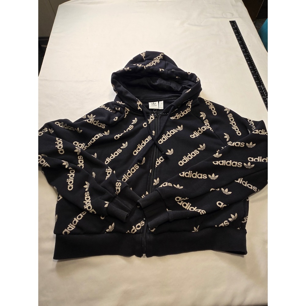 Adidas Zip Up Hoodie Womens XL Black All Over Print Logo Excellent Sweatshirt